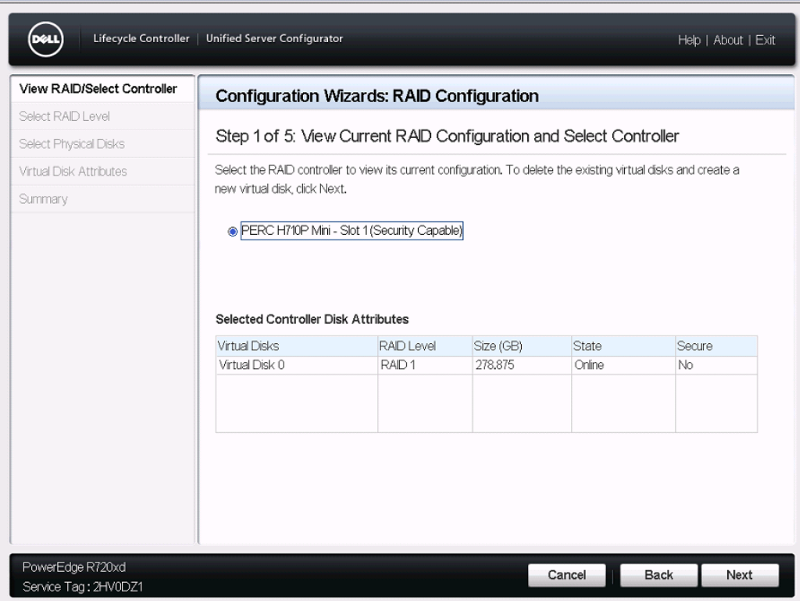 Configuring the RAID volume in Dell Lifecycle Controller.