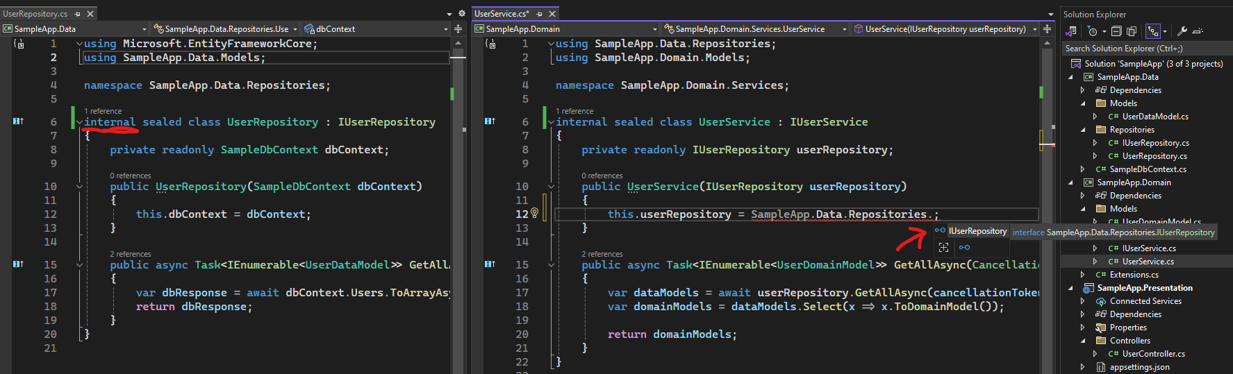 Note how the `UserRepository` class being marked as `internal` means that the `UserService` class can now only see the `IUserRepository` interface in its intellisense, ensuring the caller doesn't take a direct dependency on the concrete type.