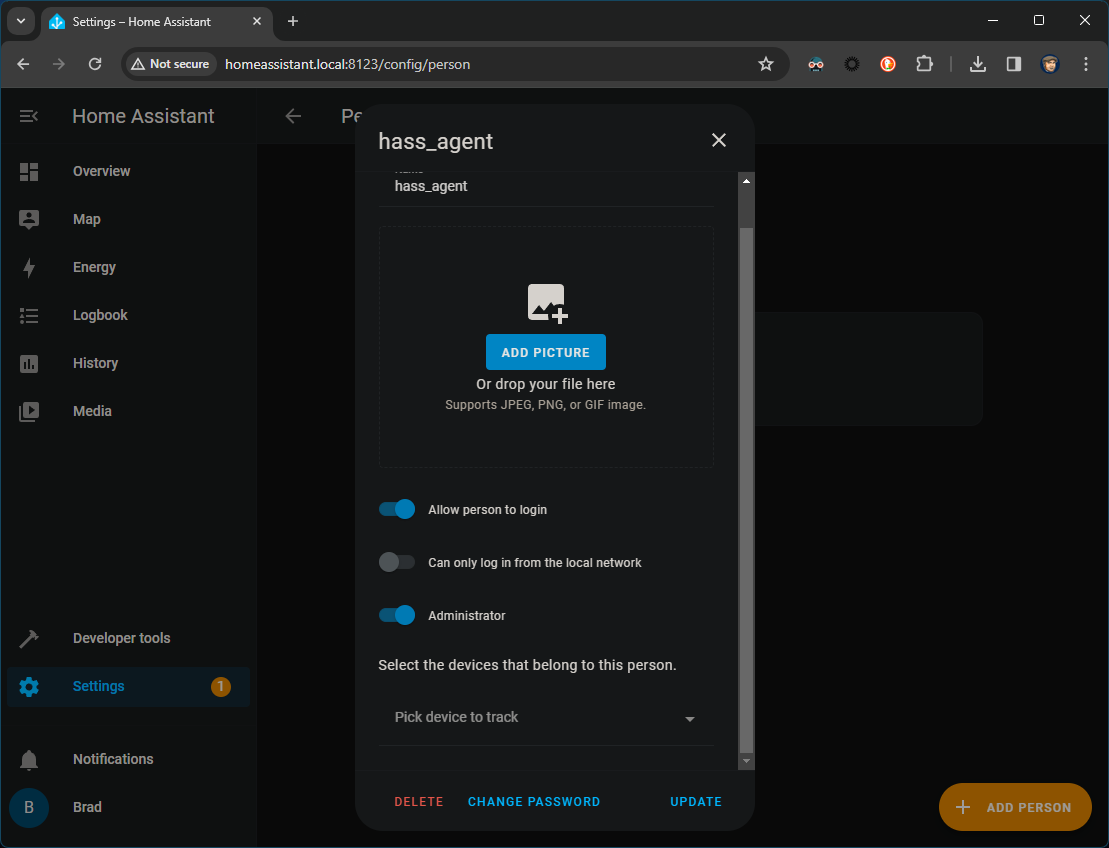 Creating a user in Home Assistant for HASS.Agent to use.