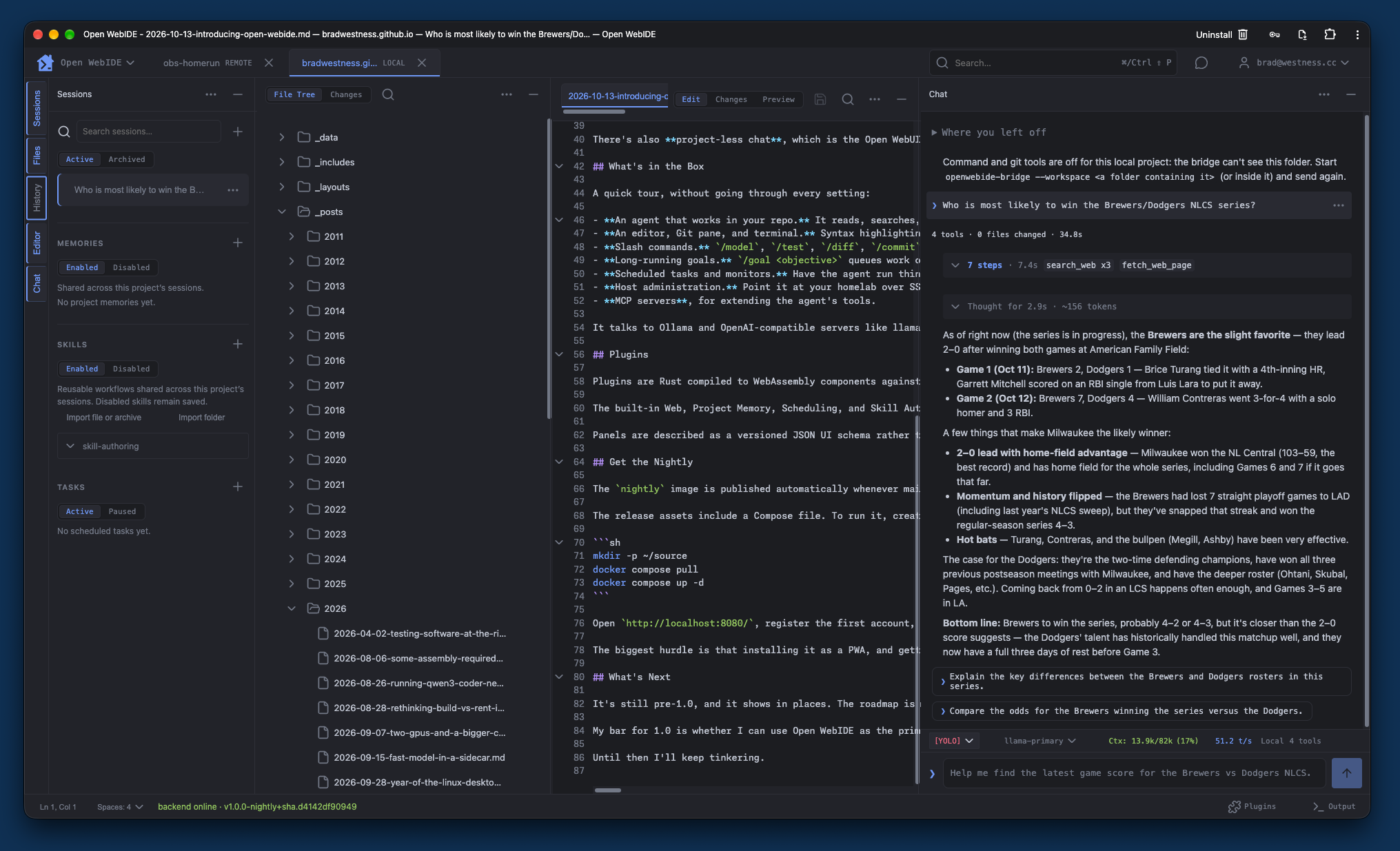 Open WebIDE installed as a PWA on the desktop, with this post open in the editor, the file tree and sessions on the left, and the agent chat on the right.