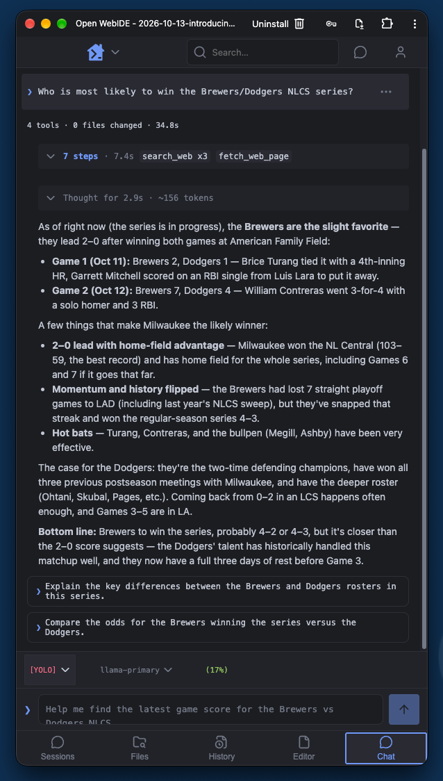 The same app at a narrow width, where the layout collapses to one pane at a time with a tab bar for Sessions, Files, History, Editor, and Chat.