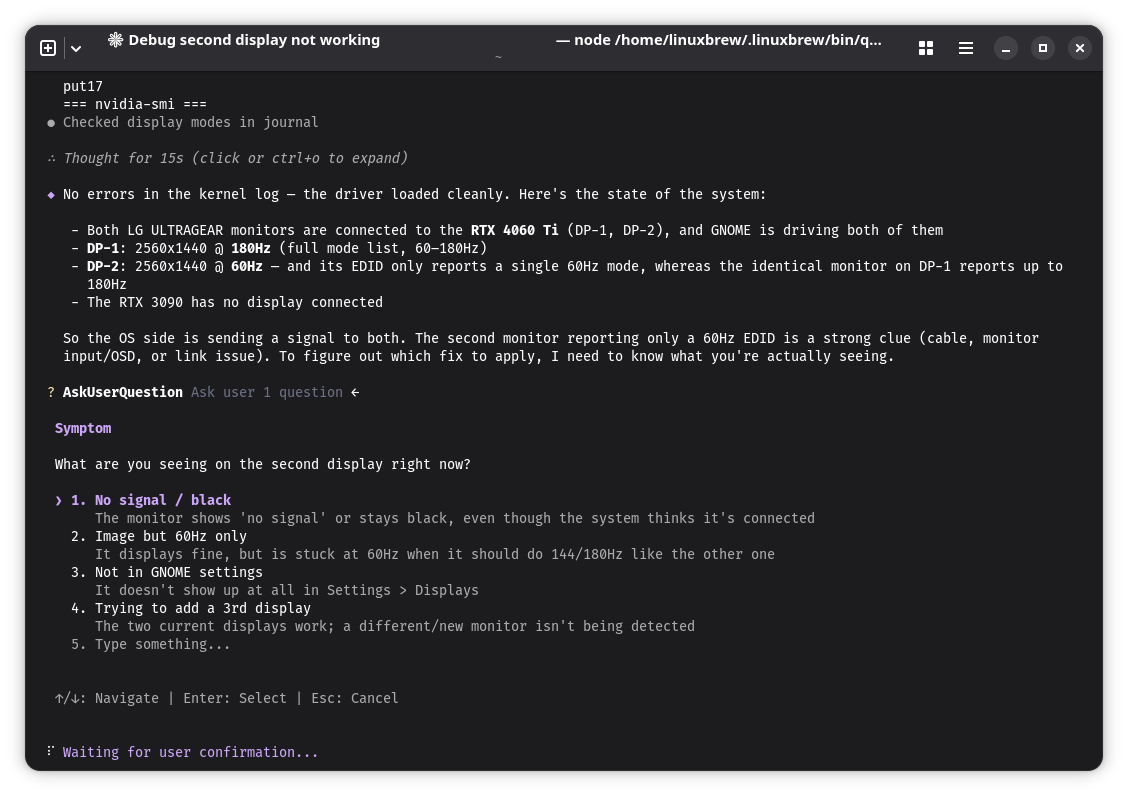 Using my local Qwen model to troubleshoot a display issue on Bazzite.
