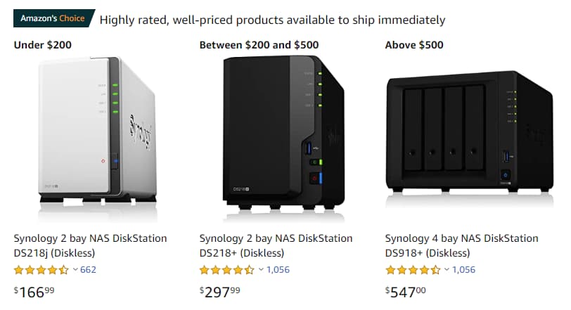 Synology DiskStation devices listing on Amazon