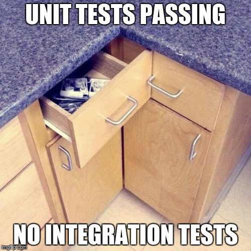 Notice the integration test would still only test the drawers in this one kitchen, not whether the electrical grid and sewer system are hooked up and the garbage pickup comes on Tuesdays. Those are acceptance or end-to-end tests.