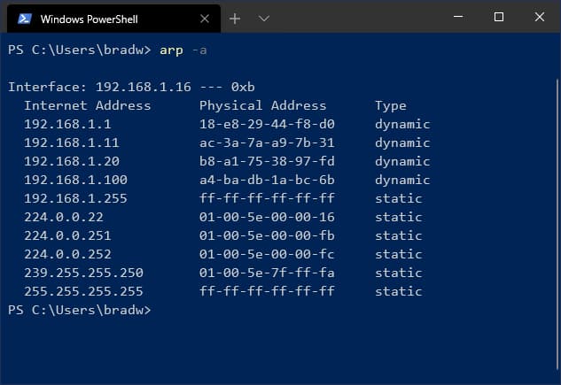 Output of the ARP command on Windows.
