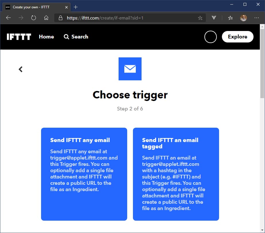 Creating an applet with an e-mail trigger in IFTTT.