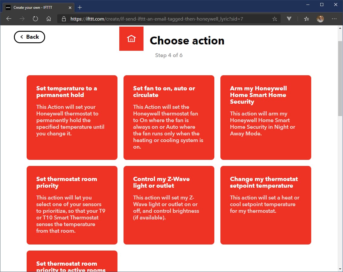The Honeywell Home actions that IFTTT supports.